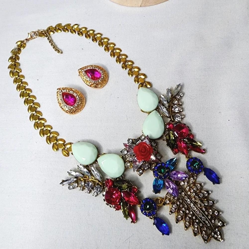 ​Vintage Multicolor Rhinestone Statement Necklace & Teardrop Earrings Set